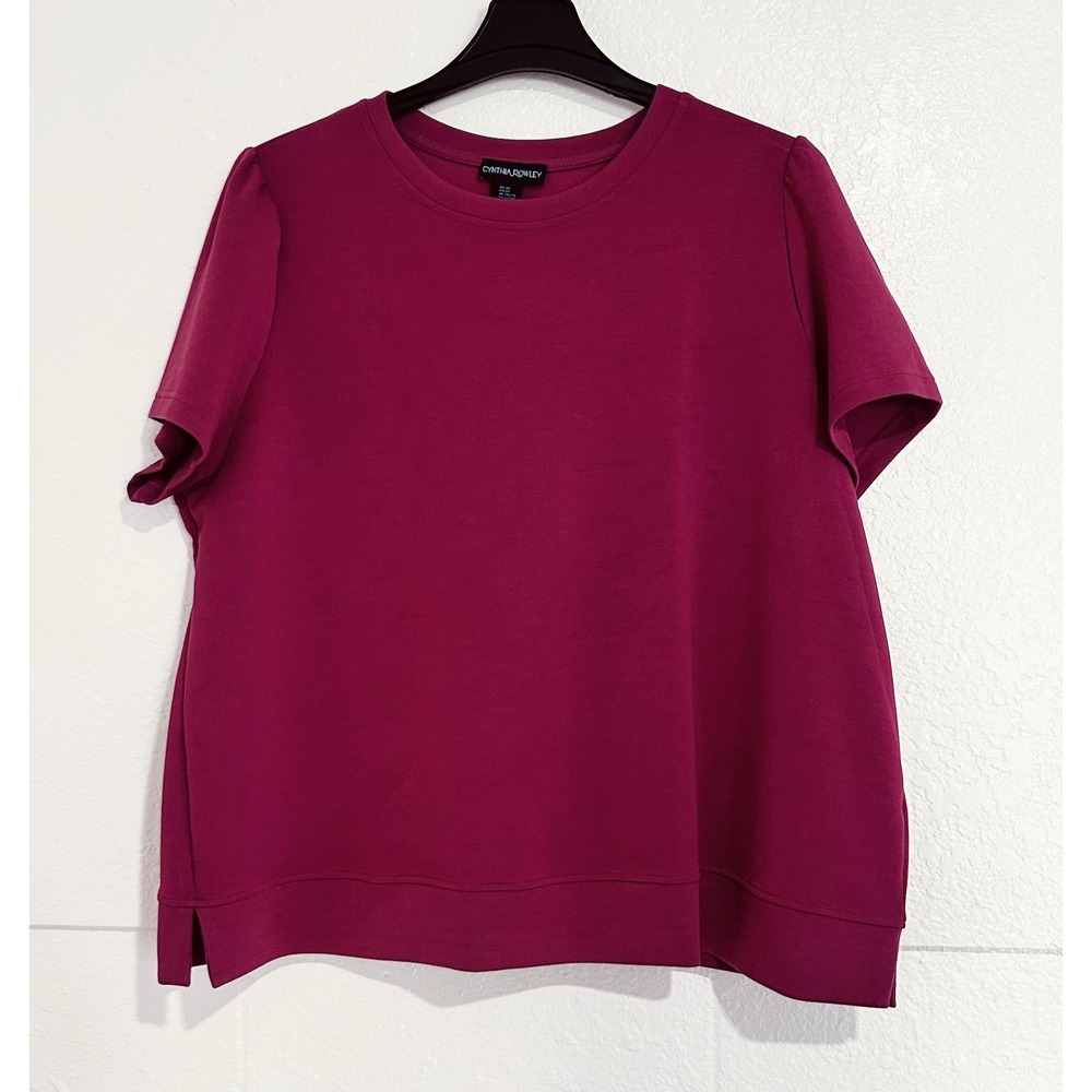Cynthia Rowley Puff Sleeve Top Womens 3X Magenta Pink Crew Neck Short Sleeve